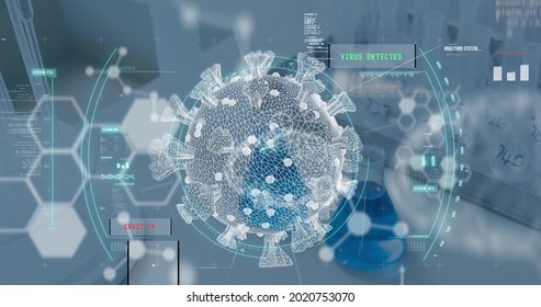 Image Of Covid 19 Cell Over Molecules, Scope And Laboratory. Global Coronavirus Pandemic And Science Concept Digitally Generated Image.