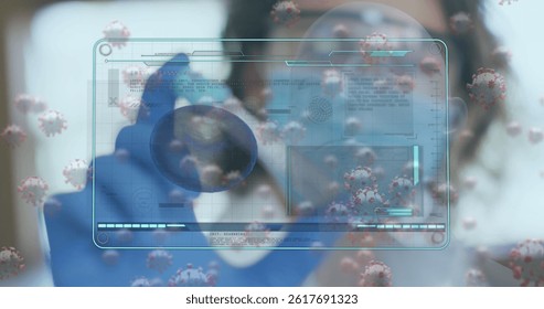 Image of covid 19 cells and data over caucasian female doctor in face mask. global covid 19 pandemic, healthcare services and data processing concept digitally generated image.