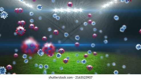 Image Of Covid 19 Cells Over Empty Sports Stadium. Global Coronavirus Pandemic, Sports And Competition Concept Digitally Generated Image.