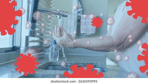 Image of covid 19 cells over senior caucasian woman washing her hands. Global covid 19 pandemic, data processing and healthcare services concept digitally generated image. - Powered by Shutterstock - Get 15% off with code: PIKWIZARD15