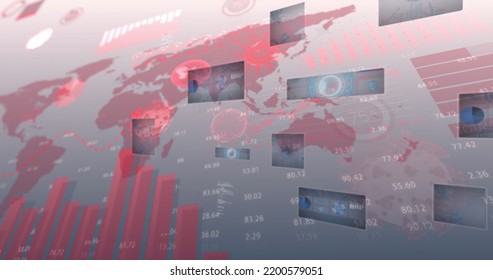 Image of covid 19 cells, red arrow with scopes and data processing on screens over world map. global coronavirus pandemic, medicine and digital interface concept digitally generated image.