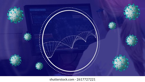 Image of covid 19 cells and scope with caucasian female scientist, scientific data processing. global covid 19 pandemic and data processing concept digitally generated image. - Powered by Shutterstock - Get 15% off with code: PIKWIZARD15
