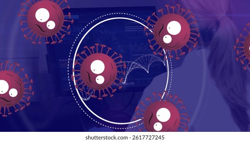 Image of covid 19 cells and scope with dna strand data processing. global covid 19 pandemic and data processing concept digitally generated image.