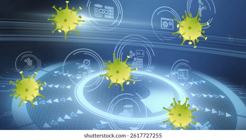 Image of covid 19 cells and scope with scientific data processing. global covid 19 pandemic and data processing concept digitally generated image.