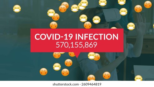 Image of covid 19 data processing over sick emojis with face masks over woman with vr headset. global covid 19 pandemic concept digitally generated image. - Powered by Shutterstock - Get 15% off with code: PIKWIZARD15