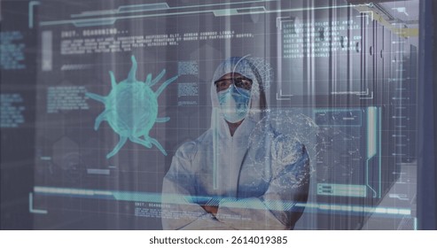 Image of covid 19 data processing and man in ppe suit over computer servers. global covid 19 pandemic, data processing and computing concept digitally generated image.