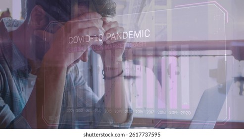 Image of covid 19 data processing and statistics over worried caucasian man using laptop. global covid 19 pandemic, business, finance and data processing concept digitally generated image. - Powered by Shutterstock - Get 15% off with code: PIKWIZARD15