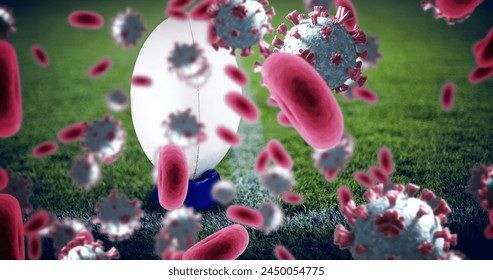 Image of covid 19 virus cells over rugby ball. Global covid 19 cells, sport and digital interface concept digitally generated image. - Powered by Shutterstock