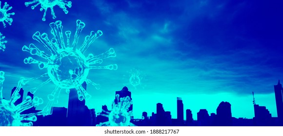 Image COVID19 Coronavirus With Cityscape Background.Banner Background For Text News Update Cases.Social Distancing, New Normal, Infection Healthcare Medical.Business Mortgage, Home, Real Estate.