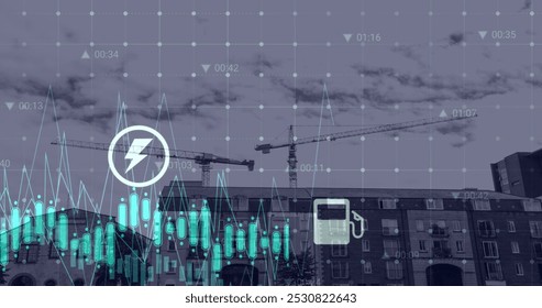 Image of crane at construction site, financial data processing and statistics. global development, business, digital interface and data processing concept digitally generated image.