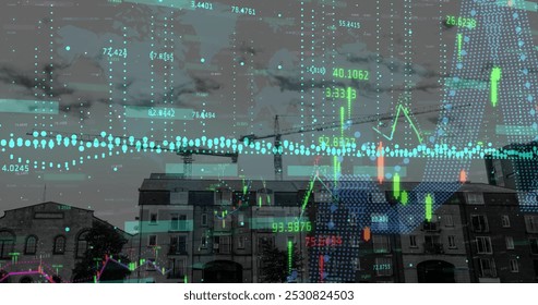 Image of crane at construction site, financial data processing and statistics. global development, business, digital interface and data processing concept digitally generated image. - Powered by Shutterstock