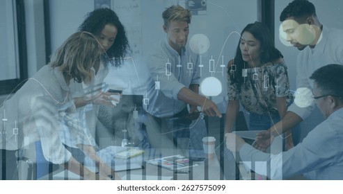 Image of crayons over happy diverse female teacher and diverse pupils at school. Global business data processing digital interface technology and networking concept digitally generated image.