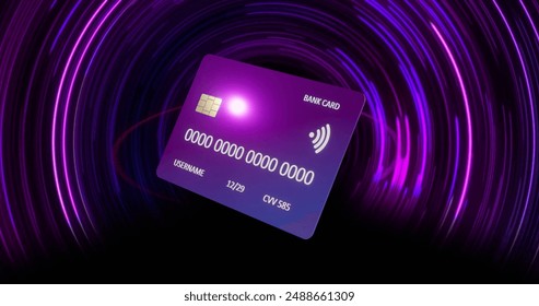 Image of credit card over colourful circles on black background. Finances, business, computing and digital interface concept digitally generated image. - Powered by Shutterstock