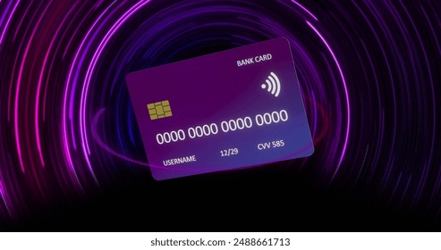 Image of credit card over colourful circles on black background. Finances, business, computing and digital interface concept digitally generated image. - Powered by Shutterstock