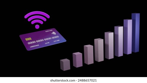 Image of credit card with wifi icon and graph on black background. Finances, business, computing and digital interface concept digitally generated image. - Powered by Shutterstock