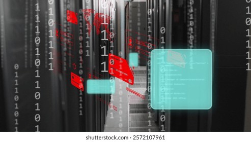 Image of credit cards, binary coding and data processing over computer servers. Global cyber security, connections, cloud computing and data processing concept digitally generated image.