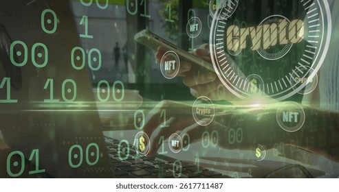 Image of crypto in circles and binary code over hands of caucasian businessman using laptop. digital money, crypto currency and technology concept digitally generated image.