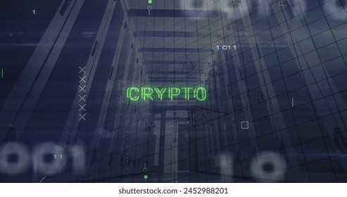 Image of crypto text, binary codes, computer language, mathematical equations over server room. Digital composite, multiple exposure, coding, education, technology and network server concept.