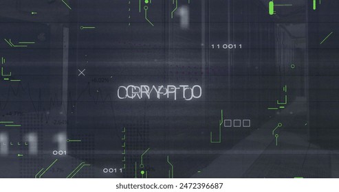 Image of crypto text and binary codes with circuit board pattern over data serve room. Digital composite, multiple exposure, computer language, currency, data center, networking and technology.