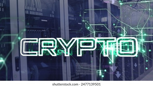 Image of crypto text with connected arrows and computer language over data server racks. Digital composite, currency, banking, communication, data center, networking and technology concept.
