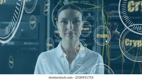 Image of crypto text and data processing over caucasian female it engineer by computer servers. Global data processing, servers and cloud computing concept digitally generated image.