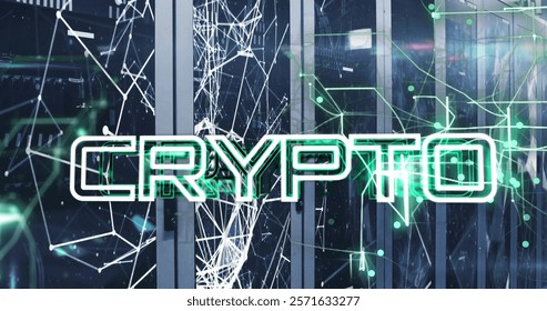Image of crypto text and data processing over computer servers. Global finance, business, connections, computing and data processing concept digitally generated image.