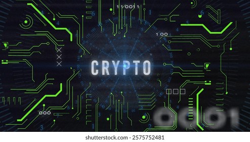Image of crypto text with data processing on black background. Global cryptocurrency, business, technology, computing and digital interface concept digitally generated image.