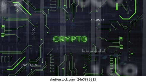 Image of crypto text and electronic circuit board pattern over data server systems. Digital composite, global network, network security, data center, technology, finance, investment, blockchain. - Powered by Shutterstock - Get 15% off with code: PIKWIZARD15