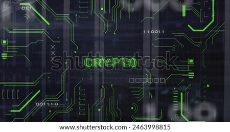 Image of crypto text and electronic circuit board pattern over data server systems. Digital composite, global network, network security, data center, technology, finance, investment, blockchain.