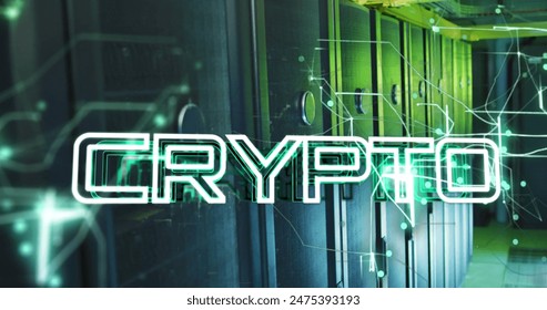 Image of crypto text over computer servers. Global cryptocurrency, digital interface, cloud computing and data processing concept digitally generated image.