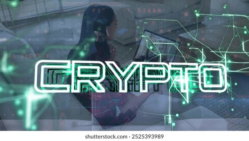 Image of crypto text over data processing and connections over biracial woman using laptop. Global business, connections, computing and data processing concept digitally generated image.
