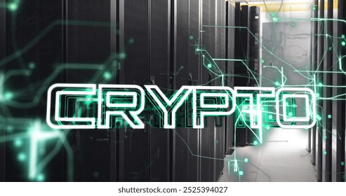 Image of crypto text over data processing and connections over computer servers. Global business, connections, computing and data processing concept digitally generated image.
