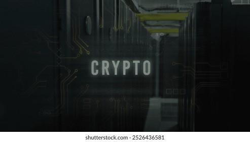 Image of crypto text over data processing and computer motherboard and servers. Global online security, computing and data processing concept digitally generated image.