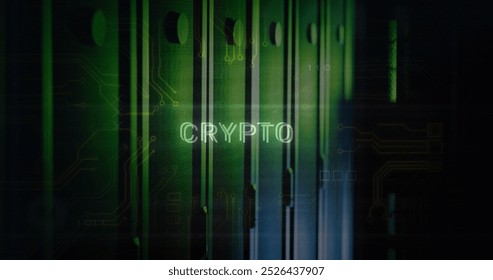 Image of crypto text over data processing and computer servers. Global online security, computing and data processing concept digitally generated image.