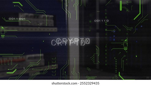Image of crypto text over data processing and server room. Technology and digital interface concept digitally generated image.