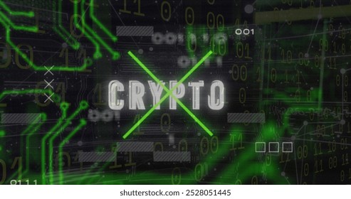 Image of crypto text over motherboard and data processing. Global online cyber security, computing and data processing concept digitally generated image.