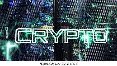 Image of crypto text over server room. Global technology, computing, online security and digital interface concept digitally generated image.