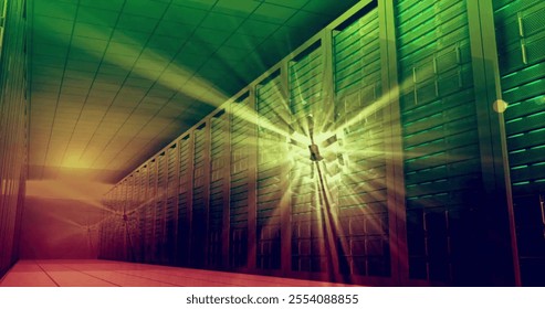 Image of cubes with light trails over server room. Global technology, computing and digital interface concept digitally generated image.