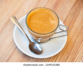 Image Of Cup Of Fresh Coffee Cortado On Table, No People