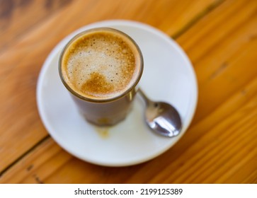 Image Of Cup Of Fresh Coffee Cortado On Table, No People