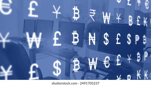 Image of currency and data processing over computers in office. Global business, finances, computing and data processing concept digitally generated image.
