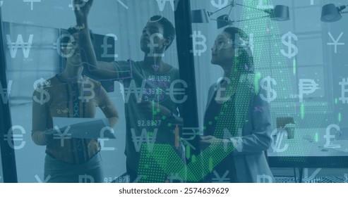 Image of currency financial data processing over diverse business people in office. Global finance, business, connections, computing and data processing concept digitally generated image. - Powered by Shutterstock - Get 15% off with code: PIKWIZARD15