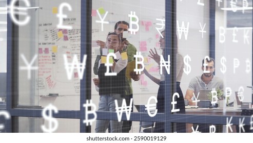 Image of currency and financial data processing over diverse business people in office. Global finance, business, connections, computing and data processing concept digitally generated image.