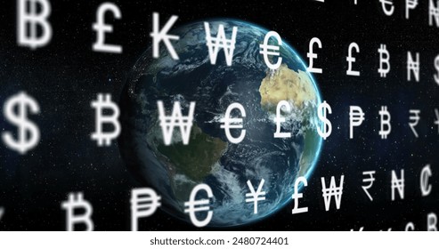 Image of currency symbols and data processing over globe. Global connections, business, finances, computing and data processing concept digitally generated image.