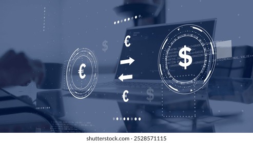 Image of currency symbols with data processing over african american businessman using laptop. Finances, business, communication, computing and digital interface concept digitally generated image. - Powered by Shutterstock