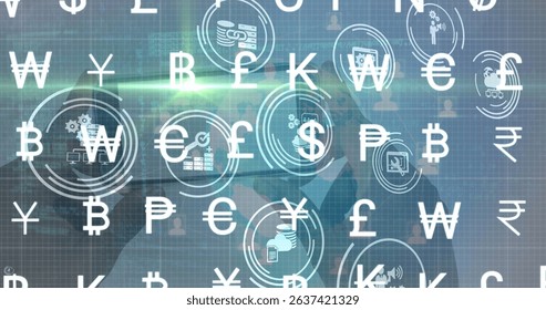 Image of currency symbols over icons and hands holding smartphone with qr code. Global finance, economy, network and technology concept digitally generated image.