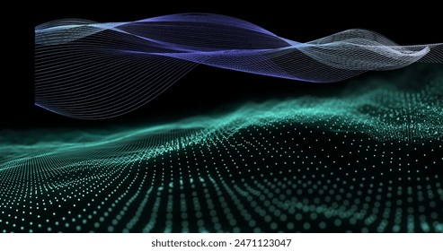 Image of curved blue mesh structure over undulating green 3d landscape on black background. Communication technology, abstract digital interface background concept digitally generated image.