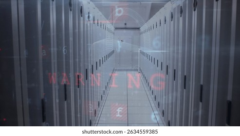 Image of cyber attack over server servers. Global network social media connections technology and digital interface concept digitally generated image.