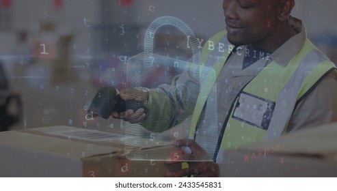 Image of cyber attack text and data processing over biracial man working in warehouse. Global shipping, business, finance, computing and data processing concept digitally generated image.