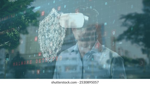 Image of cyber attack warning with caucasian man using vr headset over cityscape. Global technology, online security and digital interface concept digitally generated image. - Powered by Shutterstock